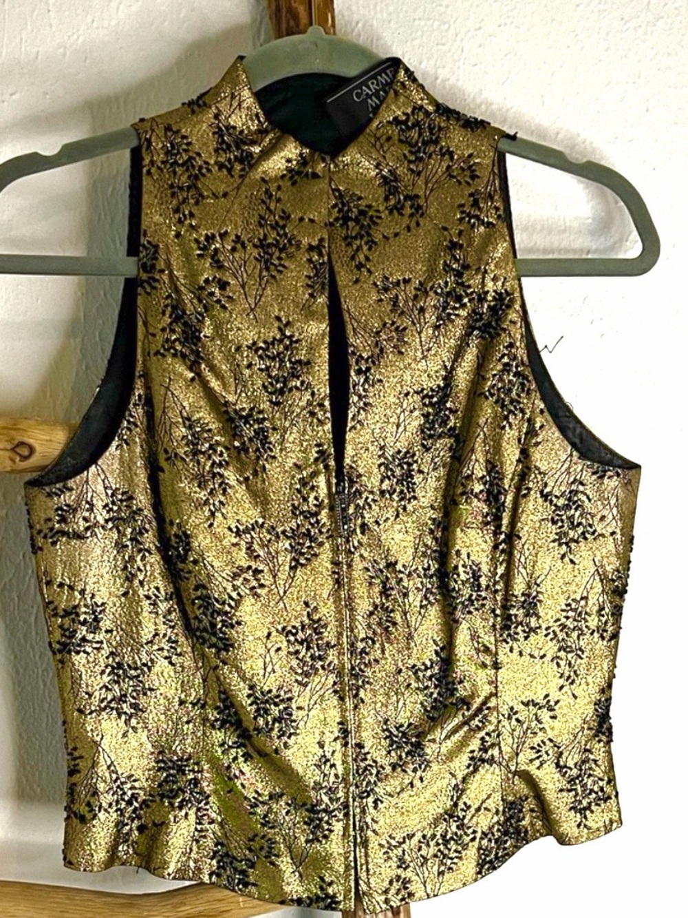 Carmen Marc Valvo Gold and Black Beaded Sleeveless Top Vest S/M